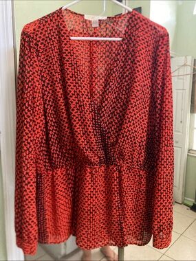 Michael Kors Red and Black Patterned Long Sleeve Blouse office chic